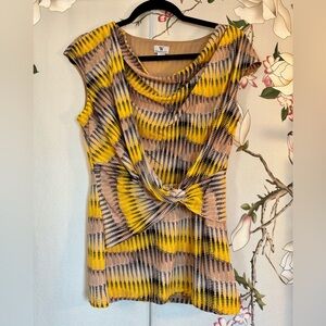 Wrap Knot Sleeveless Blouse - Yellow & Tan Pixel Geometric Pattern Python Print